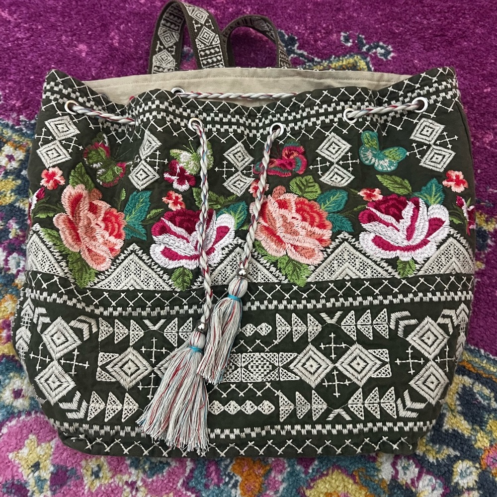 Johnny Was Cloth Drawstring Floral Backpack